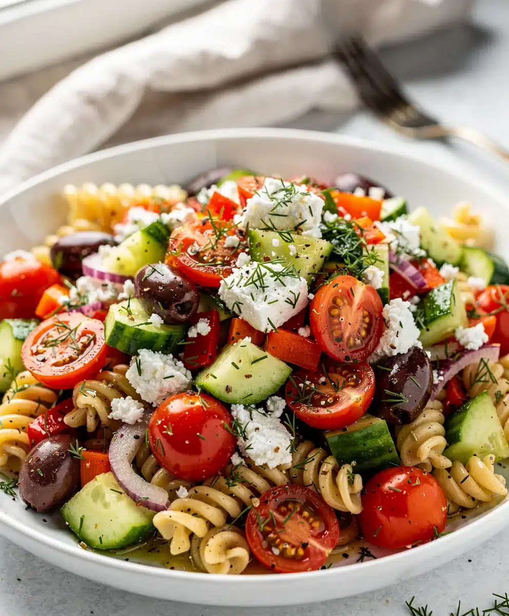 Colorful Mediterranean pasta salad with fusilli, feta, olives, and fresh vegetables in a lemon vinaigrette.