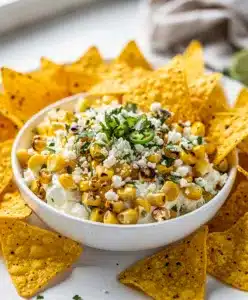 Creamy Mexican street corn dip with crispy toppings in a vibrant close-up.