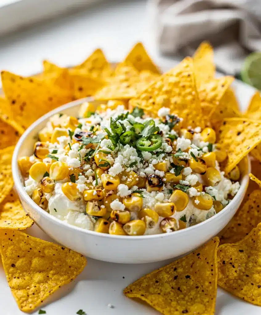 Creamy Mexican street corn dip with crispy toppings in a vibrant close-up.