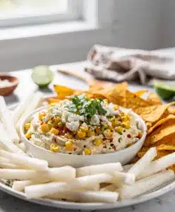 Creamy make ahead Mexican street corn dip with cotija cheese and tortilla chips