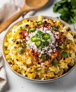 Creamy Mexican street corn dip with cotija cheese and tortilla chips.
