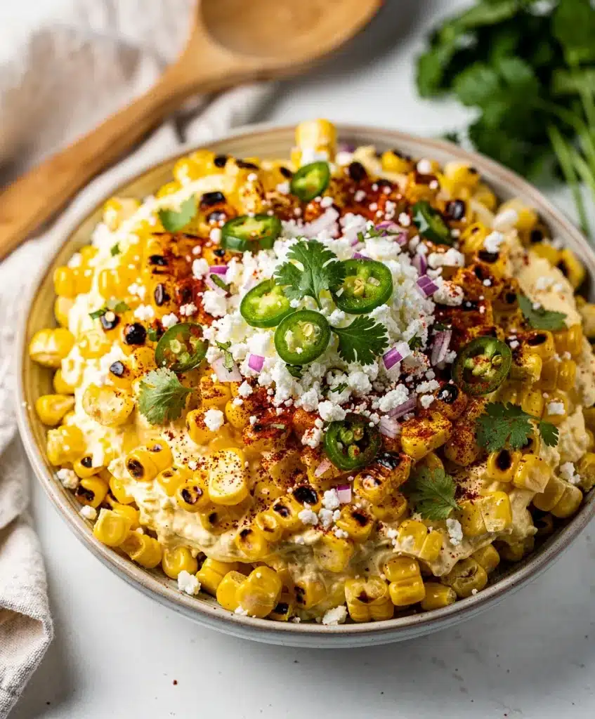 Creamy Mexican street corn dip with cotija cheese and tortilla chips.