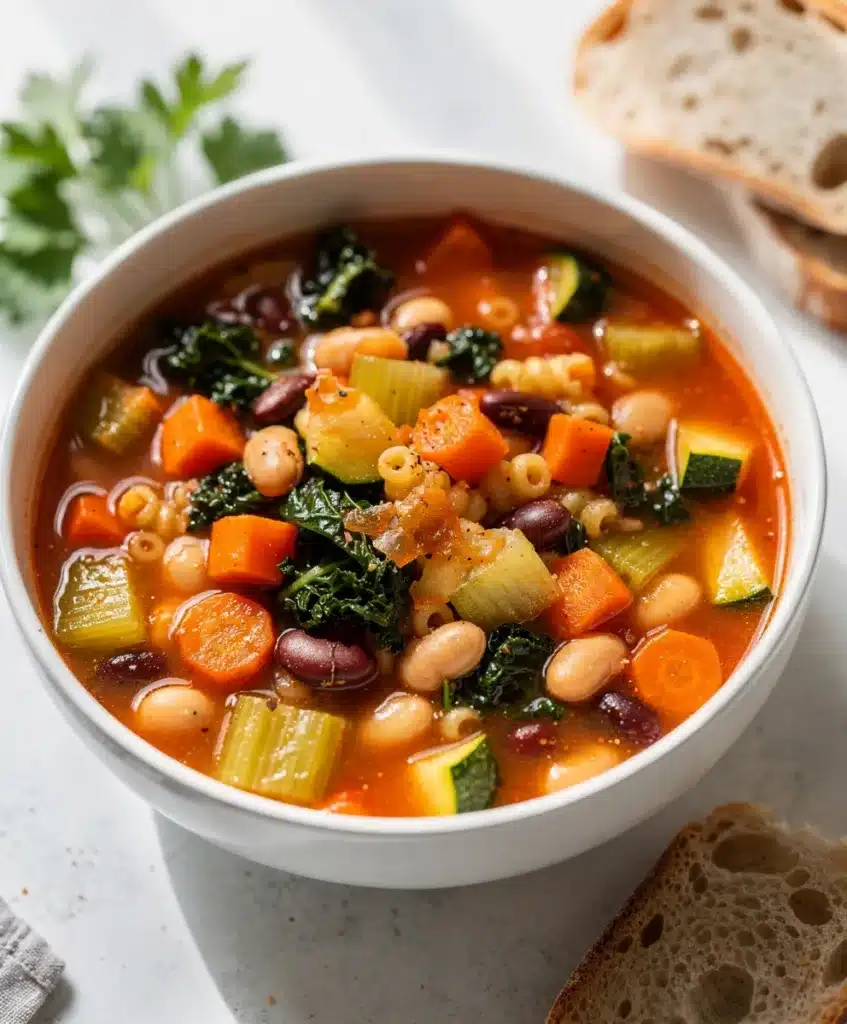 Rustic minestrone soup with pasta beans and vegetables in tomato broth