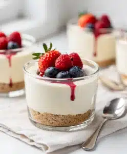 No bake cheesecake cup with raspberries and chocolate drizzle on marble.