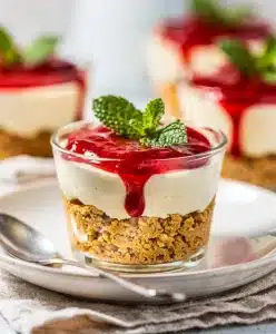 Make ahead no bake cheesecake cups with raspberry coulis in glass jars.