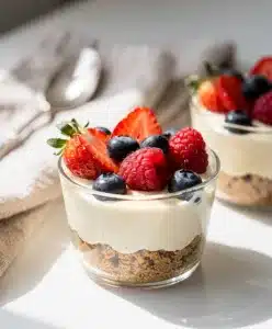 Creamy vanilla no bake cheesecake cups with strawberry compote and graham crust.