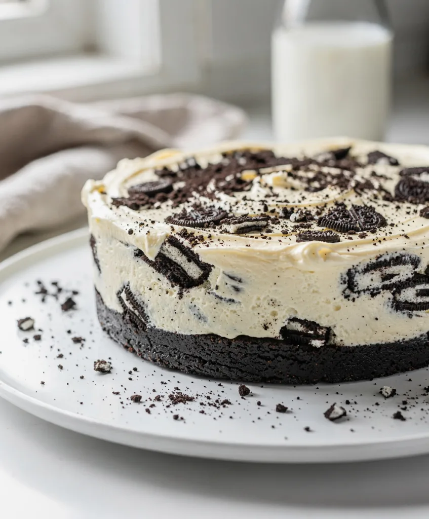 No bake Oreo cheesecake with creamy filling and crunchy cookie crust.