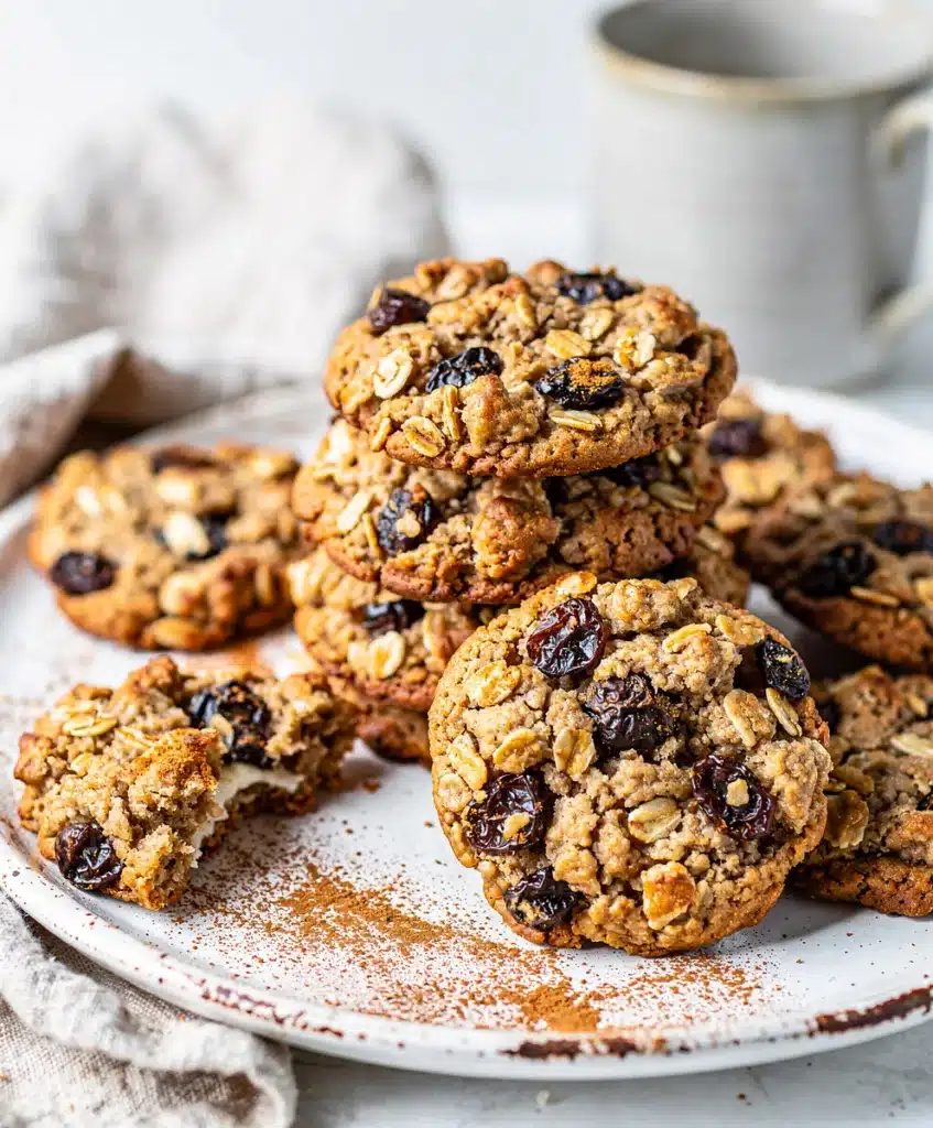Oatmeal raisin cookies with crispy edges and chewy centers on rustic board