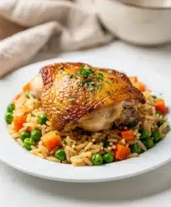 Golden one pot chicken and rice with peas carrots and fresh parsley garnish