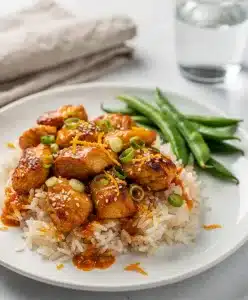 Orange chicken skillet recipe in cast iron pan with glossy sauce and garnishes