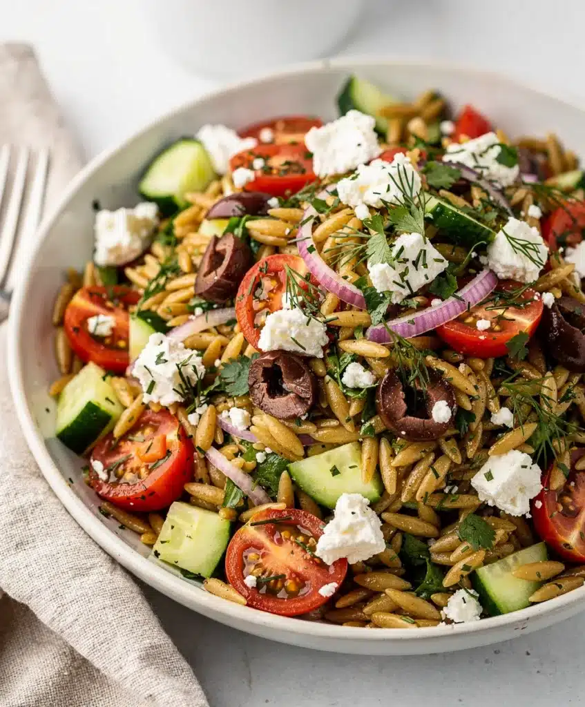 Creamy orzo salad with feta cheese tomatoes olives and fresh dill