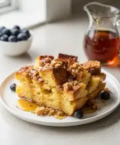Golden brown overnight French toast bake with caramelized crust and blueberries.
