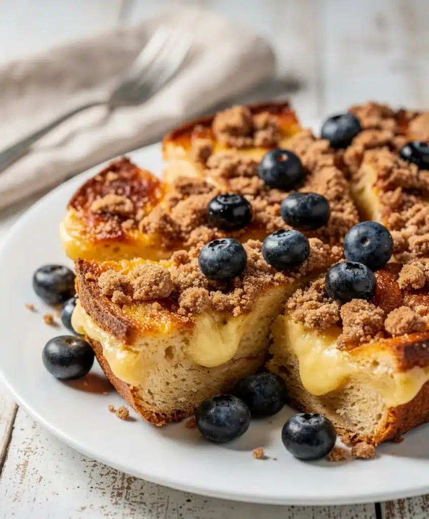 Overnight French toast bake with blueberries, streusel topping, and maple syrup.