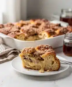 Make ahead overnight French toast bake with cinnamon streusel and maple syrup.