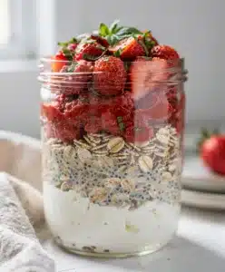 Creamy overnight oats with strawberry basil mash in a glass jar.