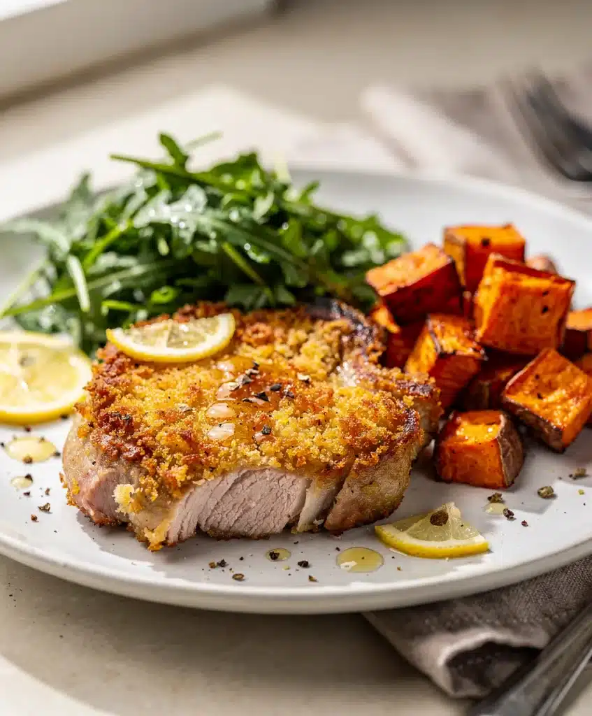 Crispy parmesan crusted pork chops with fresh herbs and arugula salad