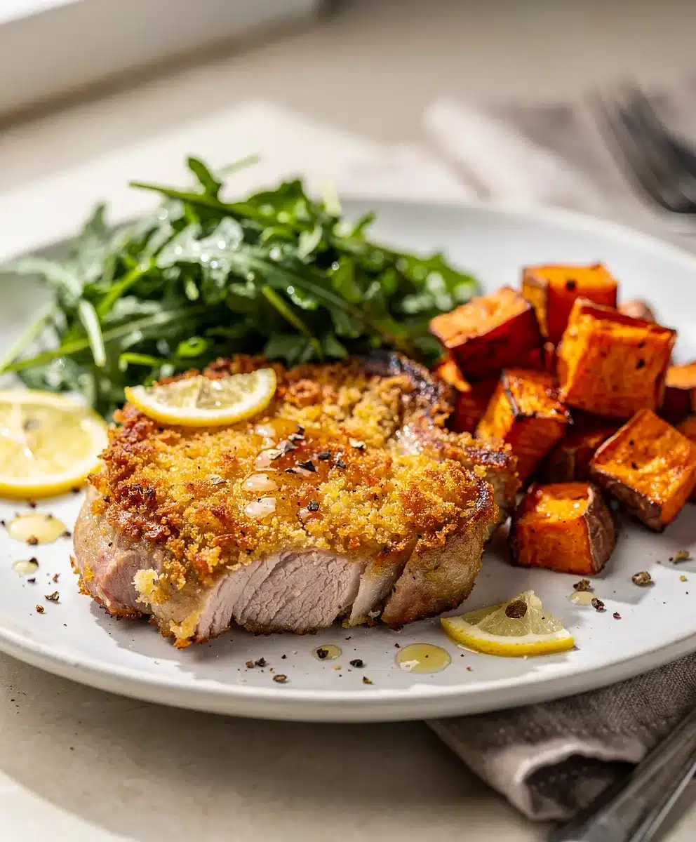 Crispy parmesan crusted pork chops with fresh herbs and arugula salad