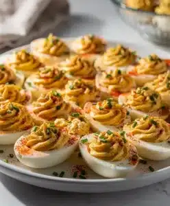 Creamy deviled eggs with paprika and chives on a rustic wooden party platter.