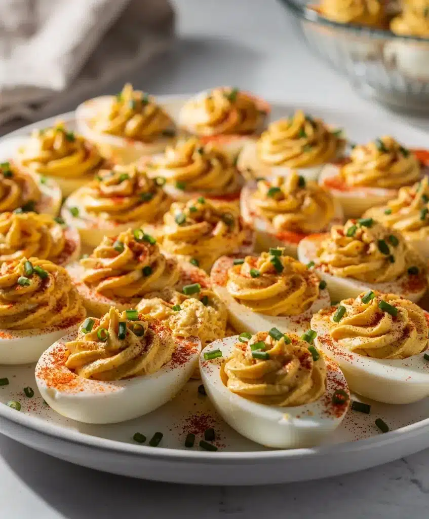 Creamy deviled eggs with paprika and chives on a rustic wooden party platter.