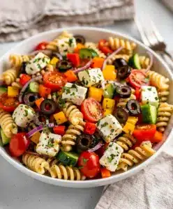 Colorful picnic pasta salad with rotini, fresh vegetables, and herb vinaigrette.