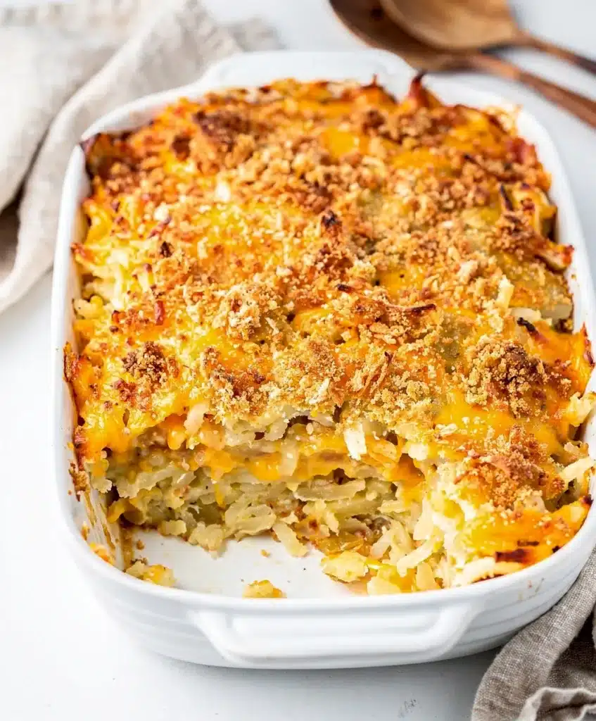 Creamy cheesy hashbrown casserole with a crispy golden cornflake topping