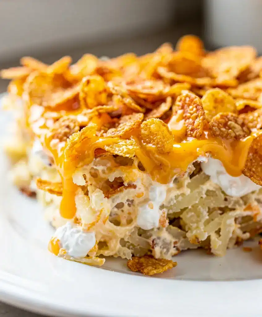 Creamy crockpot hashbrown casserole with crispy golden cornflake topping.