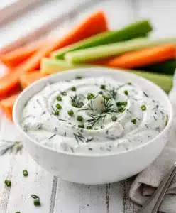 Creamy homemade ranch dip dressing with fresh dill in a rustic bowl.