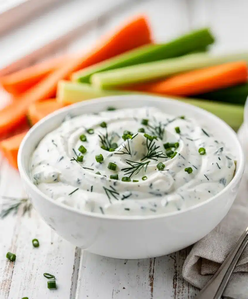 Creamy homemade ranch dip dressing with fresh dill in a rustic bowl.