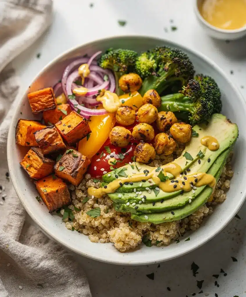 Colorful roasted veggie grain bowl with quinoa, avocado, and lemon tahini sauce.