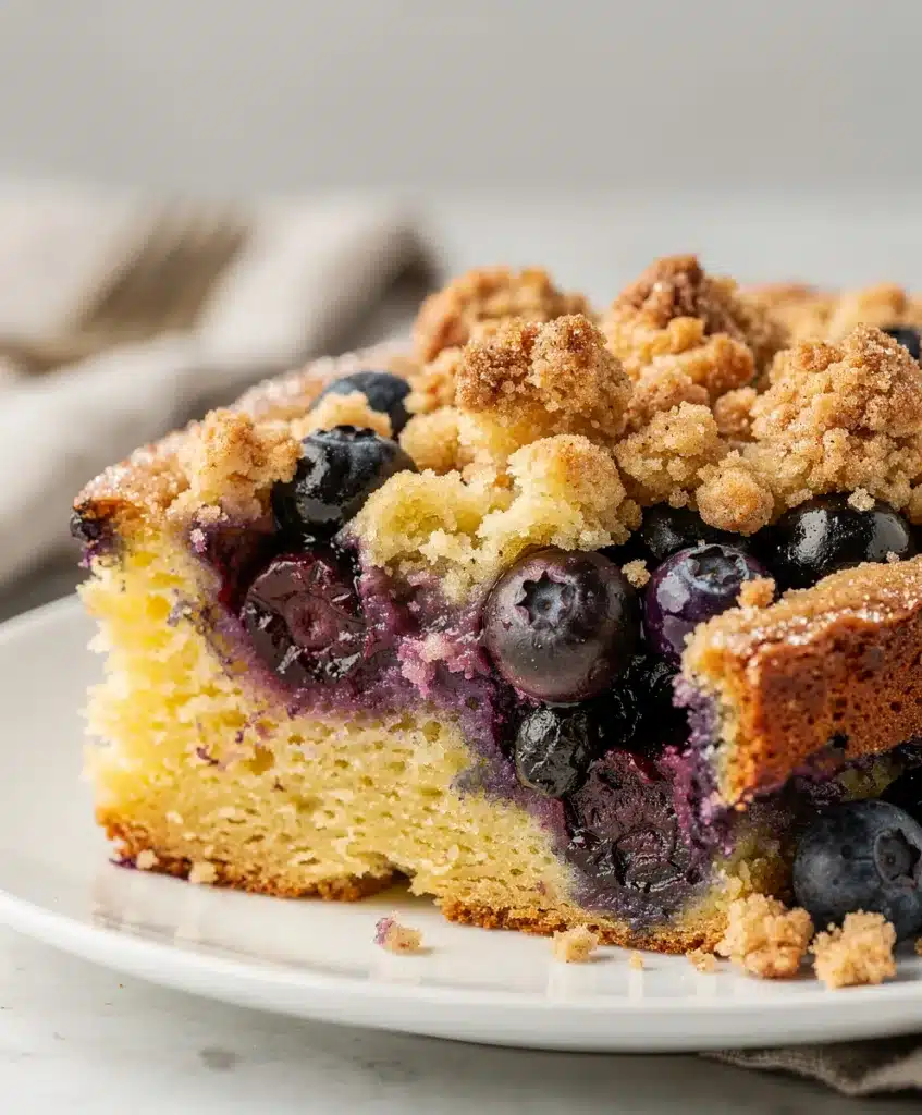 Rustic blueberry crumb cake with golden topping and powdered sugar.