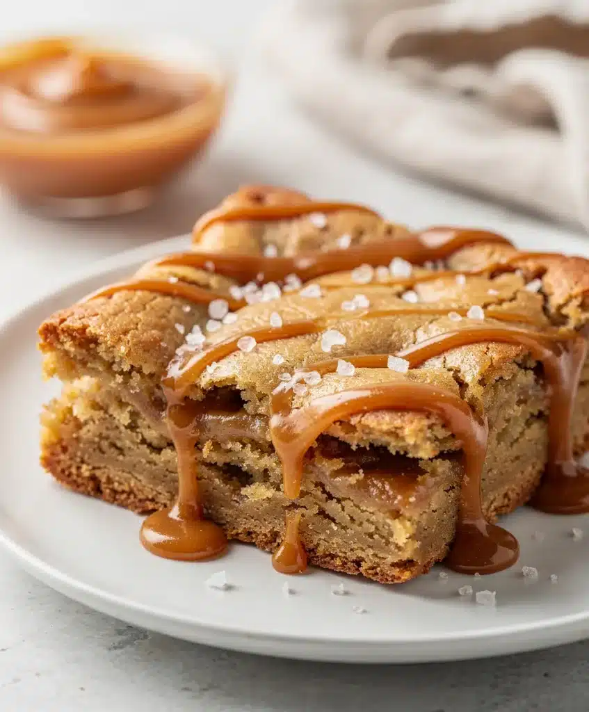 Salted caramel blondies with chewy texture and glossy swirls on white plate.