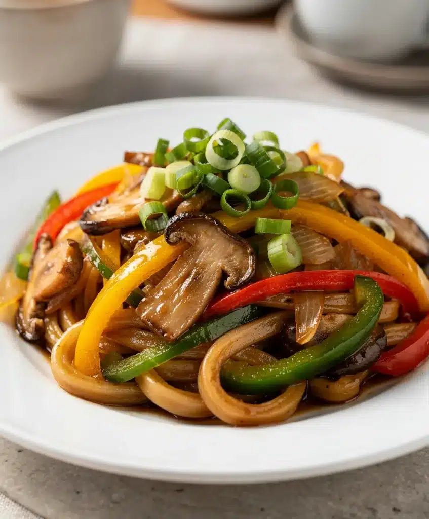 Savory udon stir fry with chicken, mushrooms, and crisp vegetables in glossy sauce.