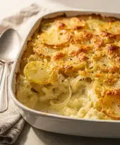 Golden brown scalloped potatoes with creamy cheese sauce in baking dish