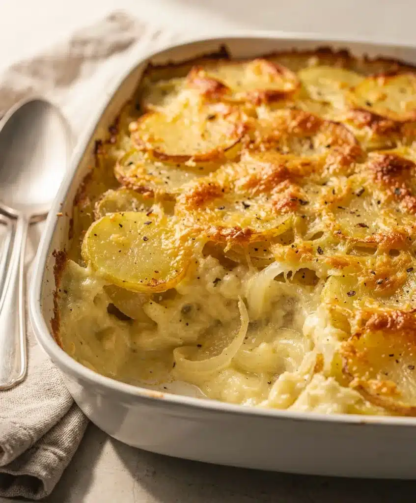 Golden brown scalloped potatoes with creamy cheese sauce in baking dish