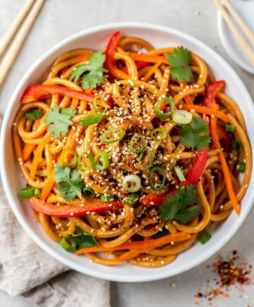 Creamy sesame noodle salad with fresh vegetables and toasted sesame seeds.