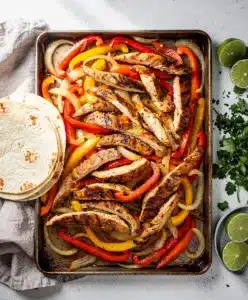 Sheet pan chicken fajitas with peppers onions and toppings on a wooden table