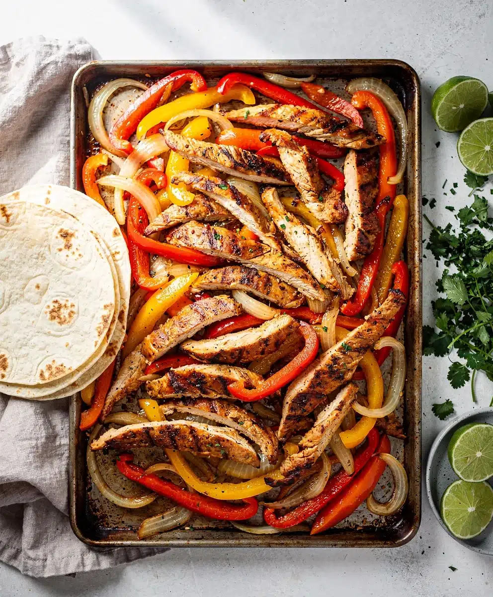 Sheet pan chicken fajitas with peppers onions and toppings on a wooden table