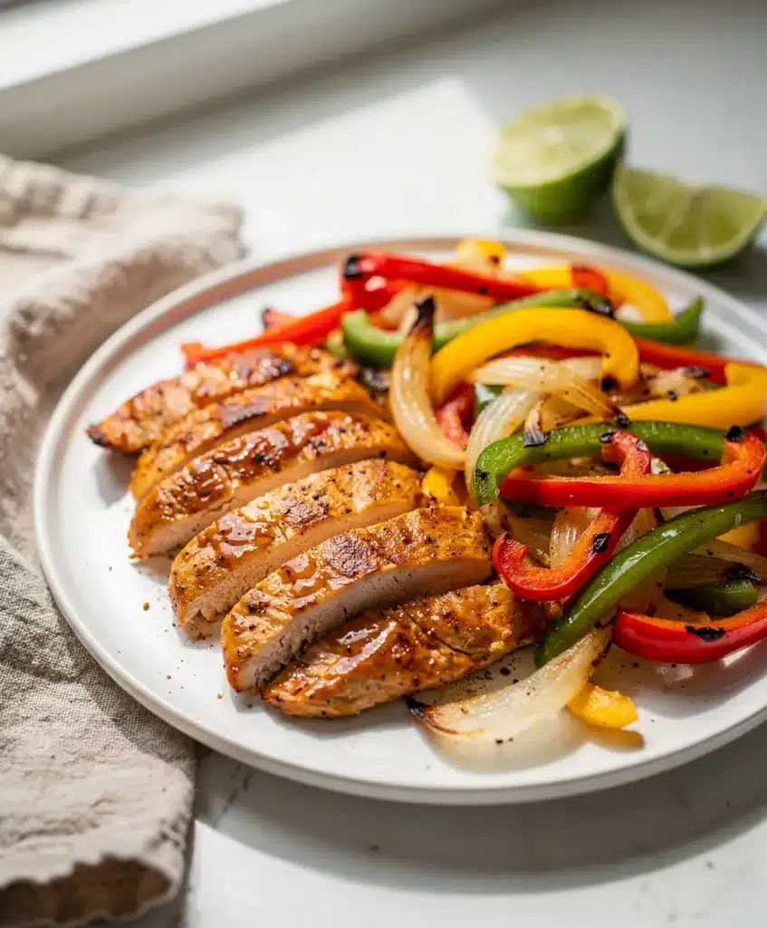 Make ahead sheet pan chicken fajitas with peppers onions and warm tortillas