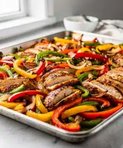 Crowd favorite sheet pan chicken fajitas with peppers onions and fresh toppings