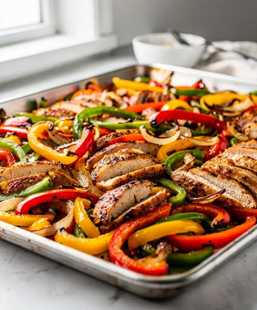 Crowd favorite sheet pan chicken fajitas with peppers onions and fresh toppings