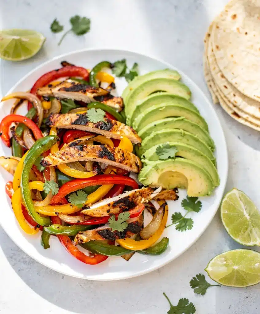 Easy sheet pan chicken fajitas with peppers and onions for a quick dinner.