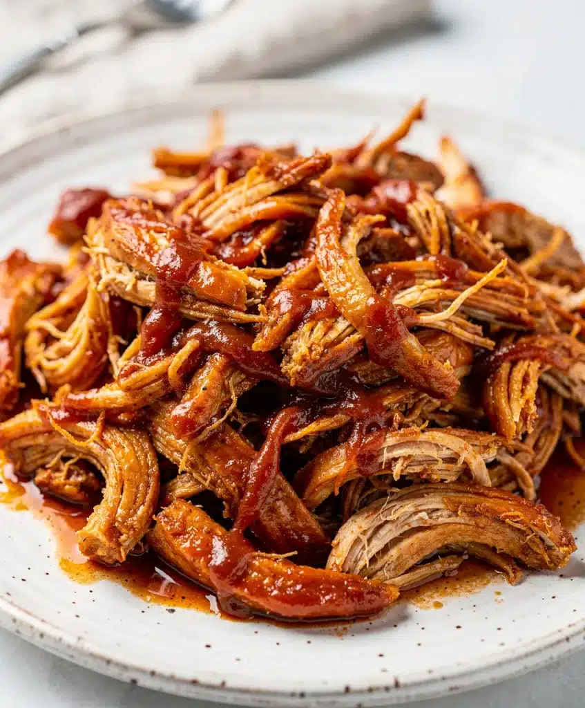 Close up of tender shredded BBQ chicken in a rustic white ceramic bowl
