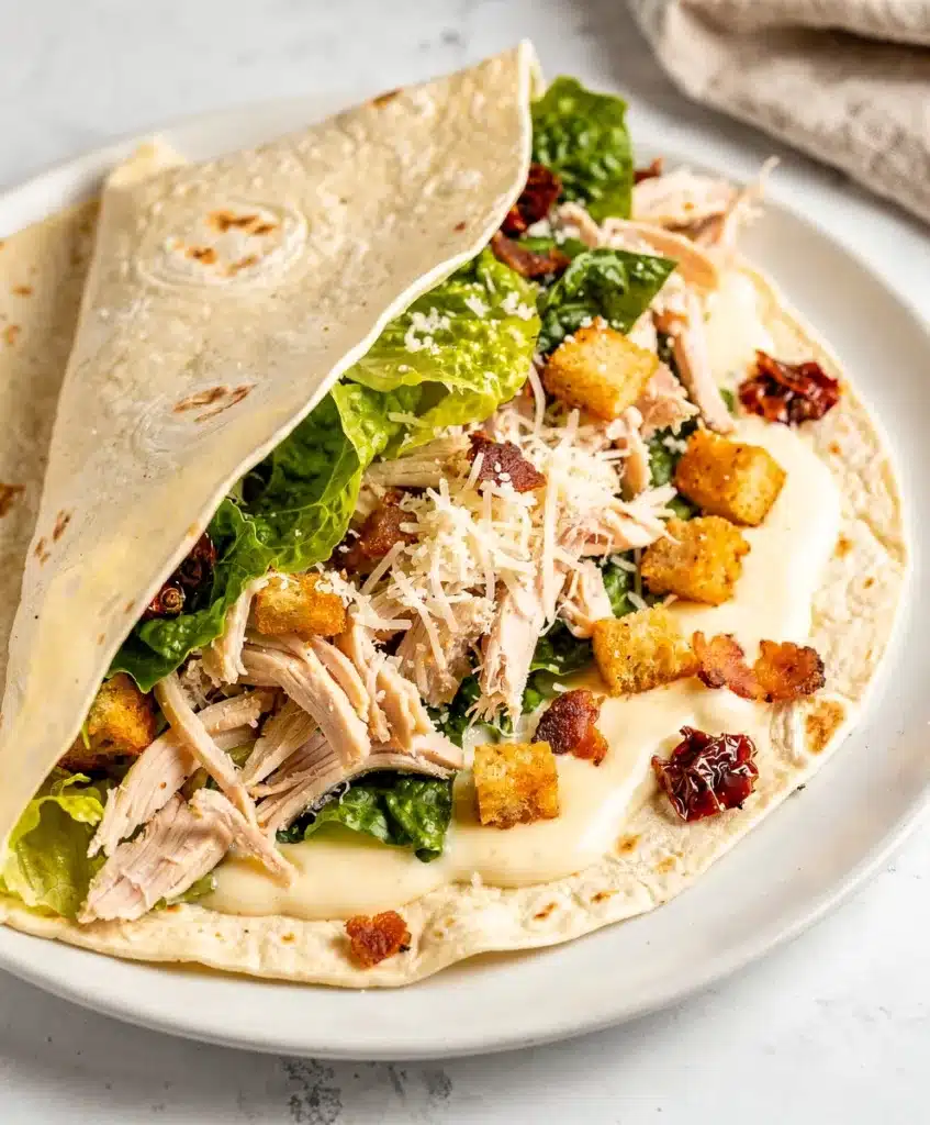 Sliced chicken caesar wrap on a rustic board with creamy dressing.