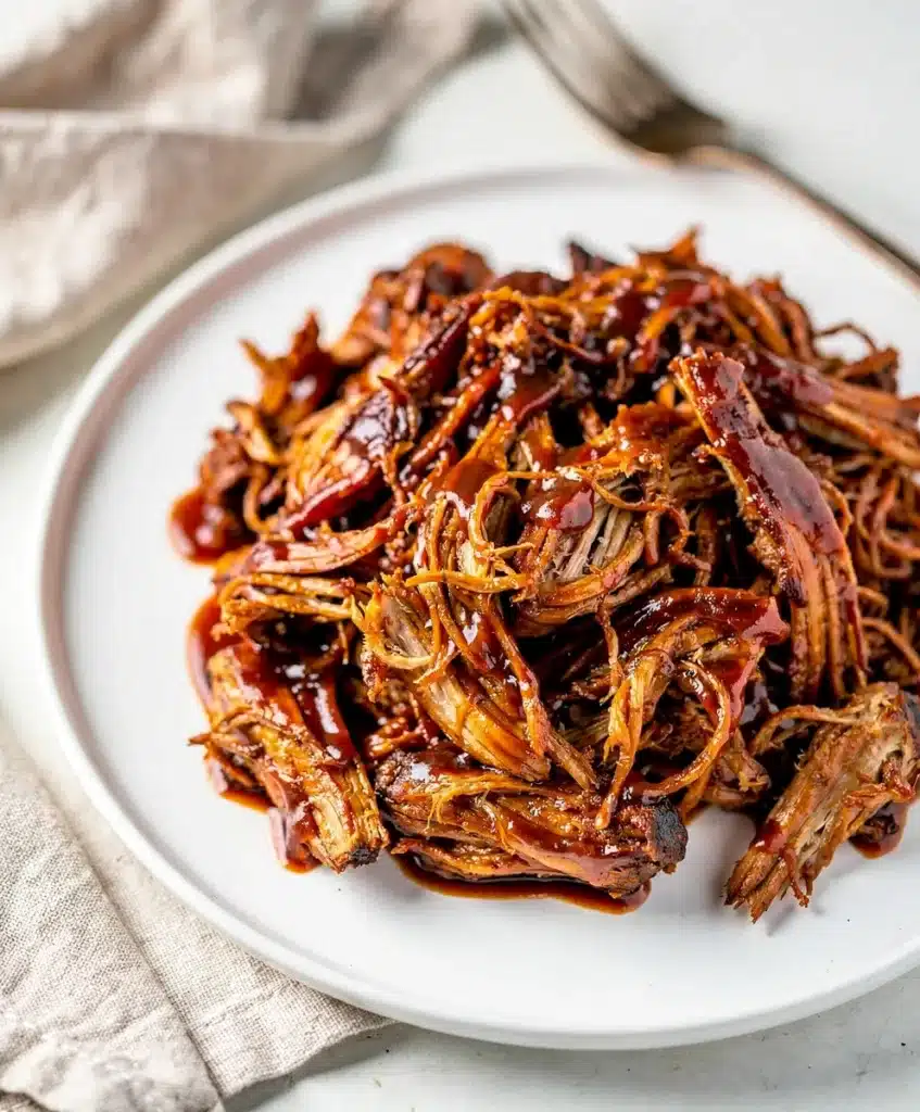 Tender slow cooker BBQ chicken piled high on a toasted brioche bun.