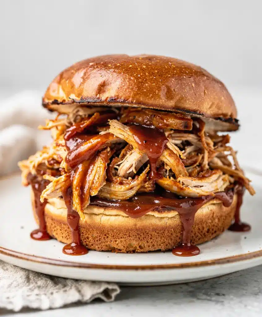 Slow cooker BBQ chicken sandwich with glossy sauce on toasted brioche bun