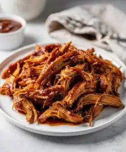 Easy slow cooker BBQ chicken sandwich with coleslaw on a rustic wooden board