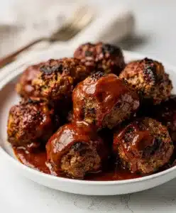 Slow cooker BBQ meatballs in glossy sauce with fresh parsley garnish
