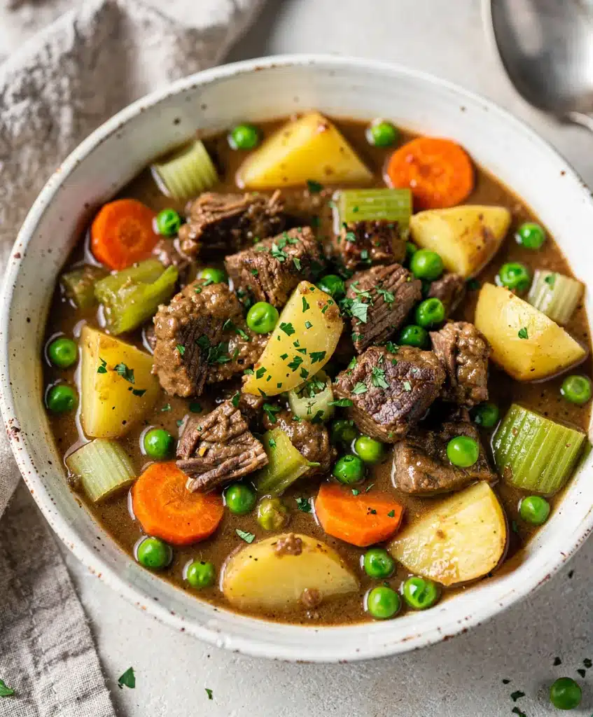 Hearty slow cooker beef stew with tender beef potatoes carrots and peas