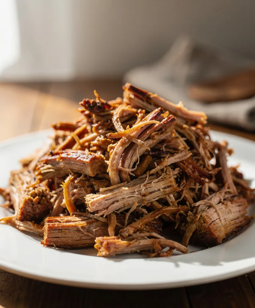 Slow cooker pulled pork with rich sauce on a toasted brioche bun.