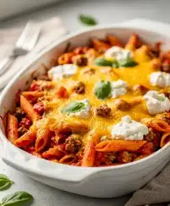 Easy pasta bake recipe with ground beef and melted cheese for family dinners